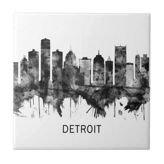 Detroit Michigan Skyline BW Tegeltje (Voorkant)