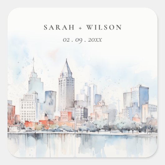 Detroit Michigan Watercolor Landscape Wedding Vierkante Sticker (Voorkant)