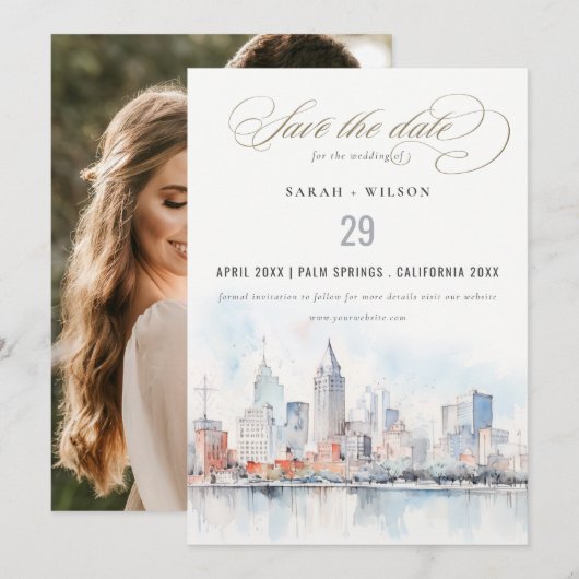 Detroit Michigan Watercolor Scape Photo Wedding Save The Date (Voorkant / Achterkant)