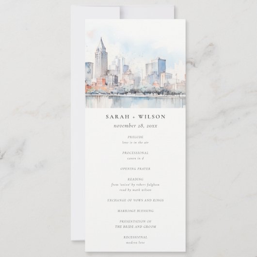 Detroit Michigan Watercolor Scape Wedding Program Kaart (Voorkant)