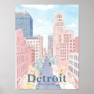 Detroit Michigan Waterverf schilderij reizen Poster