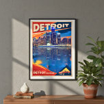 Detroit na Dark Art Print Poster<br><div class="desc">Verhoog uw ruimte met dit stijlvolle, op Art Deco geïnspireerde nachtlandschap van Detroit. Rijke blues en nacht-geïnspireerde sinaasappels vangen de iconische skyline van de stad en weerspiegelen haar energie, geschiedenis en moderne vibe. Een vintage auto-afbeelding knikt naar de automotive-erfenis van Detroit en combineert retro-charme met een strakke, eigentijdse twist. Perfect...</div>