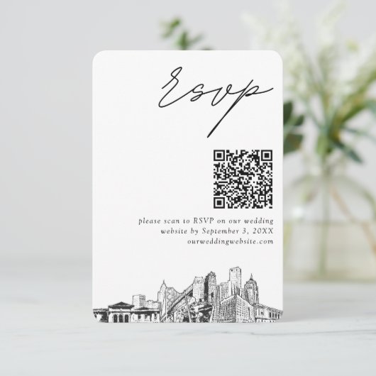 Detroit QR Code Bruiloft Kleine RSVP Informatiekaartje (Staand voorkant)