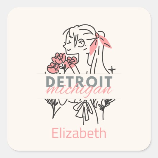 Detroit Roze Bloemen Custom Square Sticker (Voorkant)