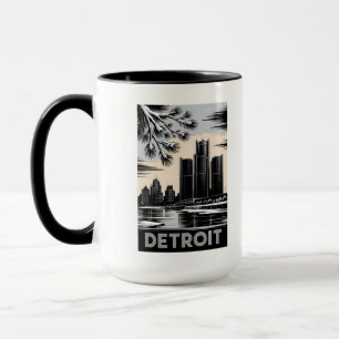 Detroit Silhouet Zwart en Wit Houtsnede Winter Mok