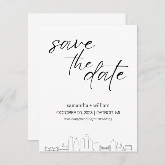 Detroit Silhouette MINIMALIST Save The Date Kaart (Voorkant / Achterkant)