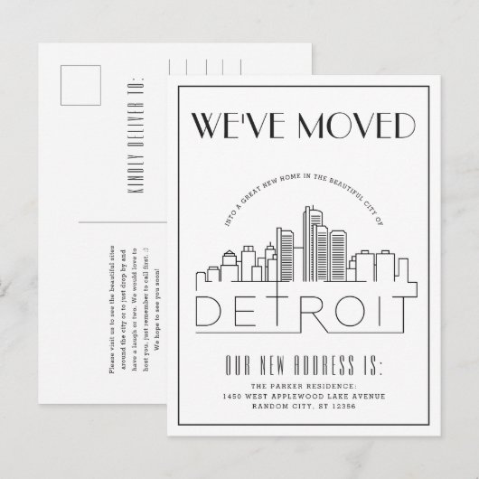 Detroit Silhouette Moderne Deco Nieuw Adres Aankondigingskaart (Voorkant / Achterkant)