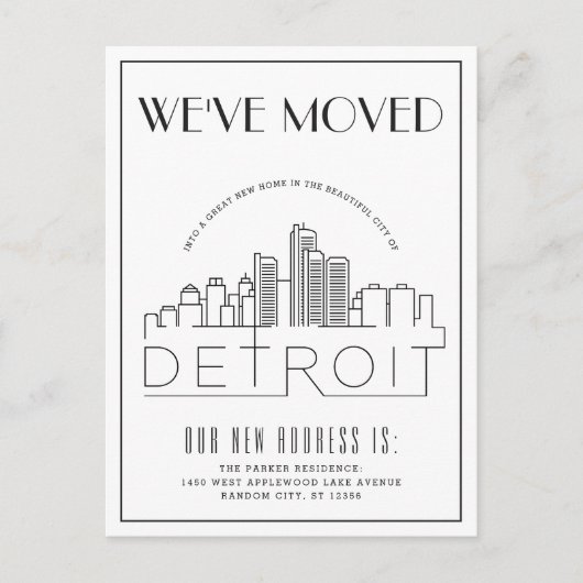 Detroit Silhouette Moderne Deco Nieuw Adres Aankondigingskaart (Voorkant)
