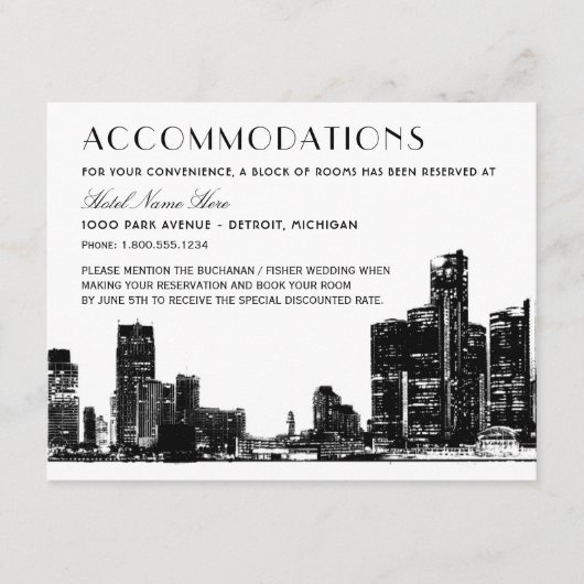 Detroit Skyline Art Deco Trouwaccommodaties Informatiekaartje (Voorkant)