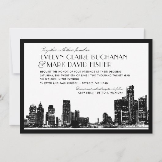Detroit Skyline Art Deco Wedding Kaart (Voorkant)