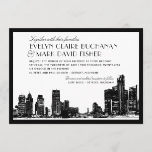 Detroit Skyline Art Deco Wedding Kaart