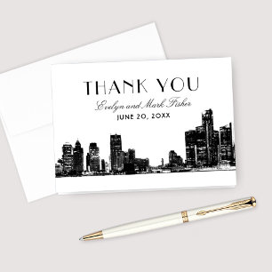 Detroit Skyline Art Deco Wedding Monogram Bedankkaart