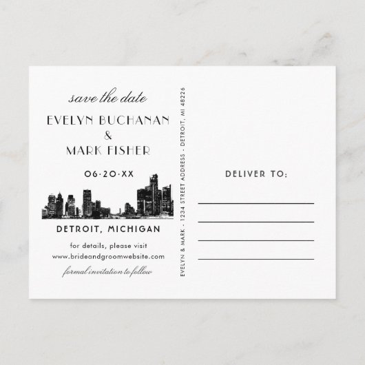 Detroit Skyline  Art Deco Zwart Bruiloft Aankondigingskaart (Achterkant)