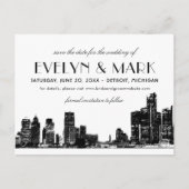 Detroit Skyline  Art Deco Zwart Bruiloft Aankondigingskaart (Voorkant)