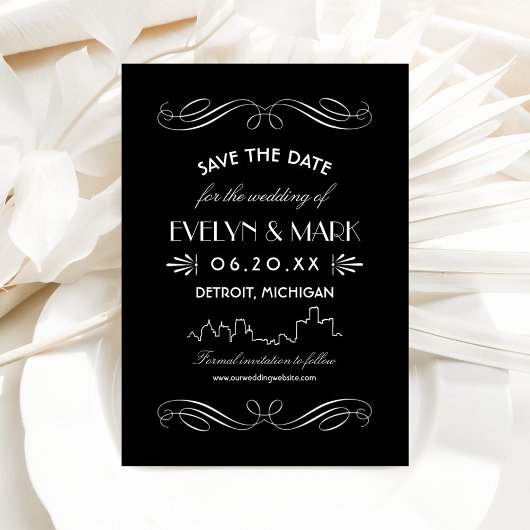 Detroit Skyline Art Deco Zwart Bruiloft Save The Date
