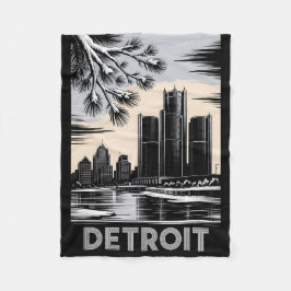 Detroit Skyline Black and White Woodcut Winter Fleece Deken
