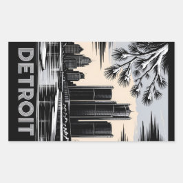 Detroit Skyline Black and White Woodcut Winter Rechthoekige Sticker