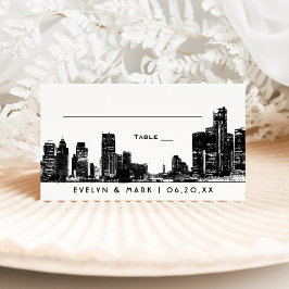 Detroit Skyline Black Art Deco Wedding Monogram Plaatskaartje