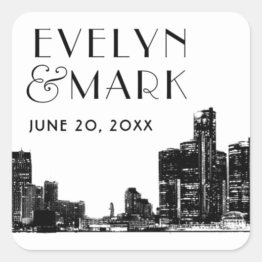 Detroit Skyline Black Art Deco Wedding Monogram Vierkante Sticker (Voorkant)