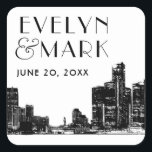Detroit Skyline Black Art Deco Wedding Monogram Vierkante Sticker<br><div class="desc">De feestelijke feestelijke favoriet voor een sticker is voorzien van een uniek afbeelding van de stadskyline in het centrum van Detroit die 's avonds langs de voorkant van de rivier wordt genomen, in combinatie met een Art Deco-typografie en een klassiek zwart-wit kleurenschema. Pas de aangepaste monogram tekst aan met de...</div>