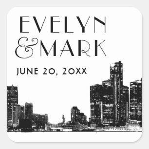 Detroit Skyline Black Art Deco Wedding Monogram Vierkante Sticker