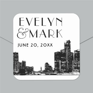 Detroit Skyline Black Art Deco Wedding Monogram Vierkante Sticker