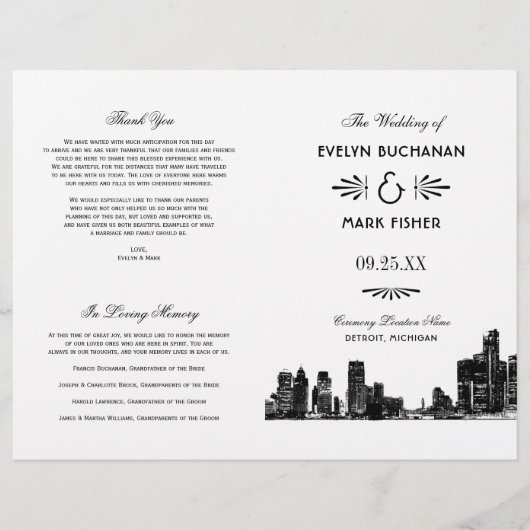 Detroit Skyline Black Art Deco Wedding Programs (Voorkant)