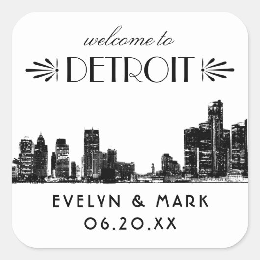 Detroit Skyline Black Art Deco Wedding Welkom Vierkante Sticker (Voorkant)