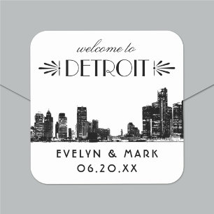 Detroit Skyline Black Art Deco Wedding Welkom Vierkante Sticker