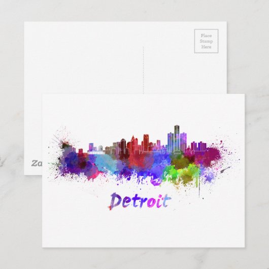 Detroit skyline in watercolor briefkaart (Voorkant / Achterkant)
