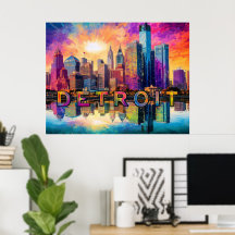 Detroit Skyline Kleurrijke Abstracte Kunst Poster
