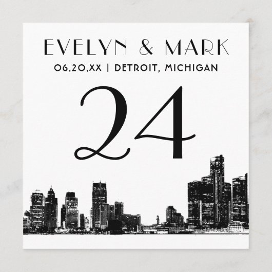 Detroit Skyline Zwart Wit Trouwtafel Nummer Kaart (Achterkant)