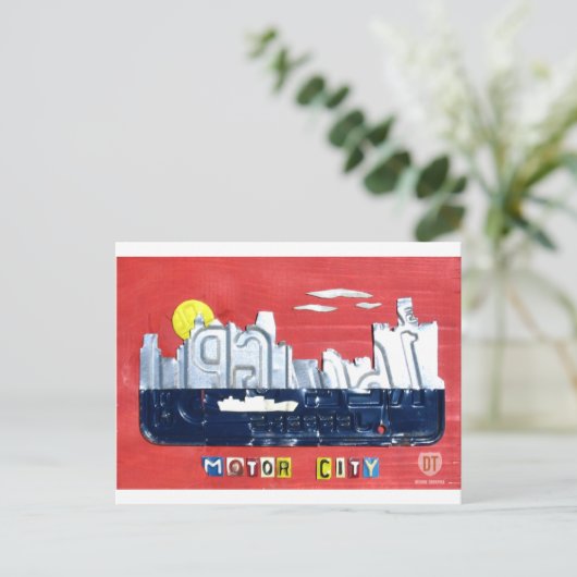 Detroit The Motor City Skyline License Bord Art Briefkaart (Staand voorkant)