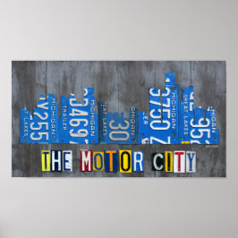 Detroit The Motor City Skyline License Bord Art Poster