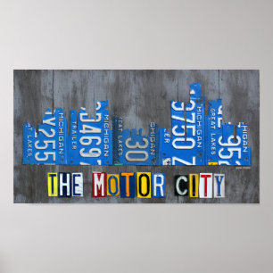 Detroit The Motor City Skyline License Bord Art Poster