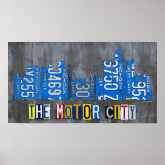 Detroit The Motor City Skyline License Bord Art Poster