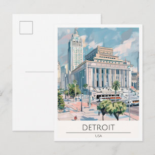 Detroit USA Vintage Kunst Illustratie Reizen Briefkaart