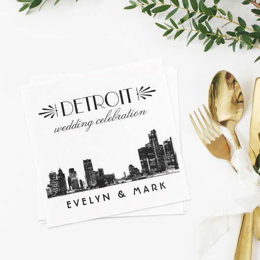 Detroit Wedding Celebration Black City Skyline Servetten