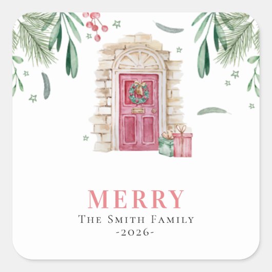 Deur met kerstcadeaus vierkante sticker (Voorkant)