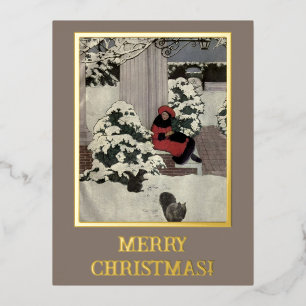 deuren met rode zwarte kerstbomen voor jonge vrou folie feestdagen briefkaart