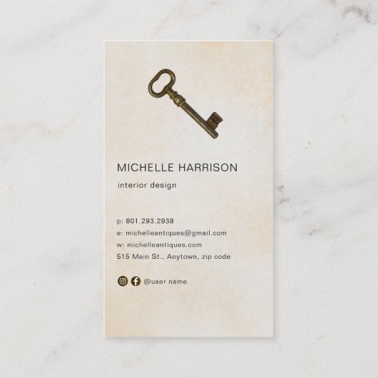  deurknop Antiek sleutel interieur designer Visitekaartje (Achterkant)