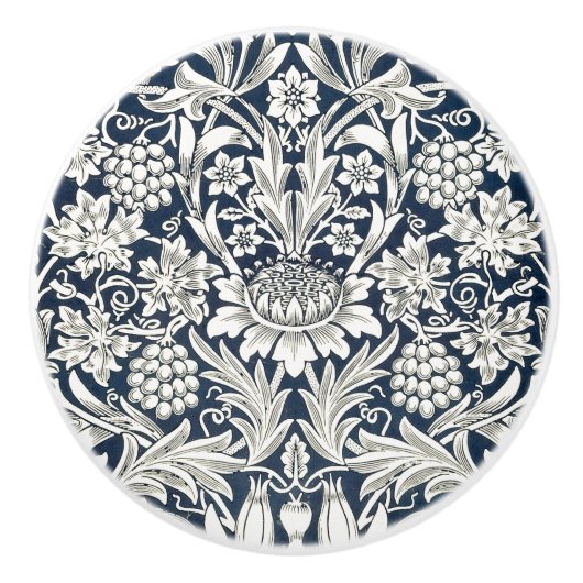 Deurknop - Blauw met witte bloemen William Morris Keramische Knop (Voorkant)
