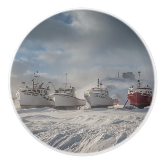 deurkruk, boten van visserij in de sneeuw keramische knop (Voorkant)