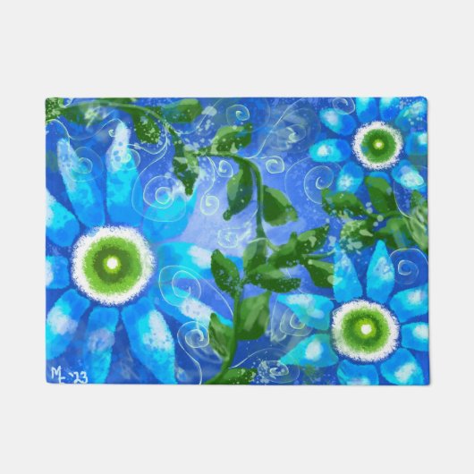 Deurmat met Blauw Groen Bloemen Abstracte Kunst (Voorkant)
