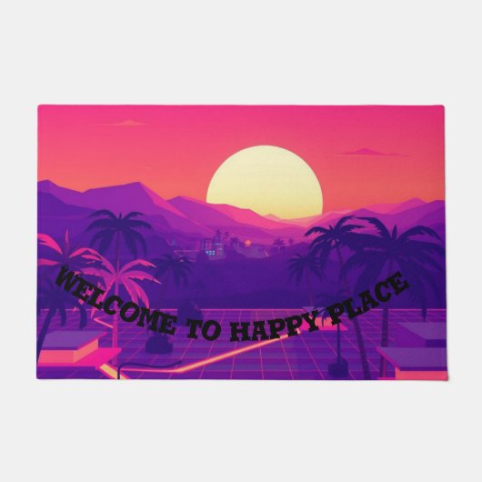 Deurmat welkom bij Happy Place | Retro Sunset Doo (Voorkant)
