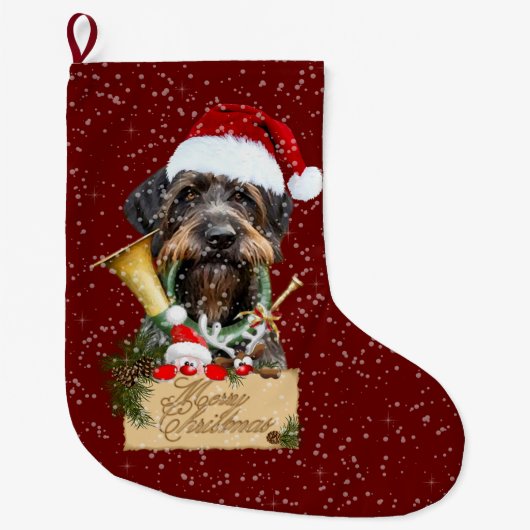 Deutsch Drahthaar, vrolijk kerstfeest! MagnetButto Grote Kerstsok (Voorkant)