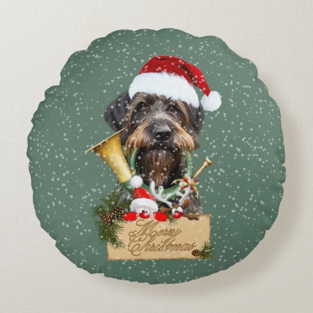 Deutsch Drahthaar, vrolijk kerstfeest! MagnetButto Rond Kussen (Voorkant)