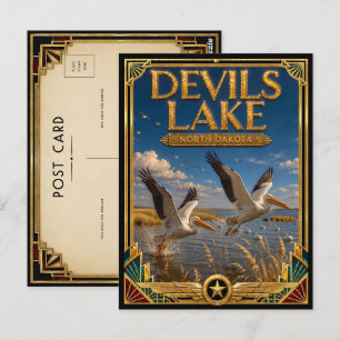 Devils Lake North Dakota Vintage Art Deco Gouden Briefkaart