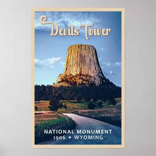 Devils Tower National Monument Wyoming Aquarel Poster (Voorkant)