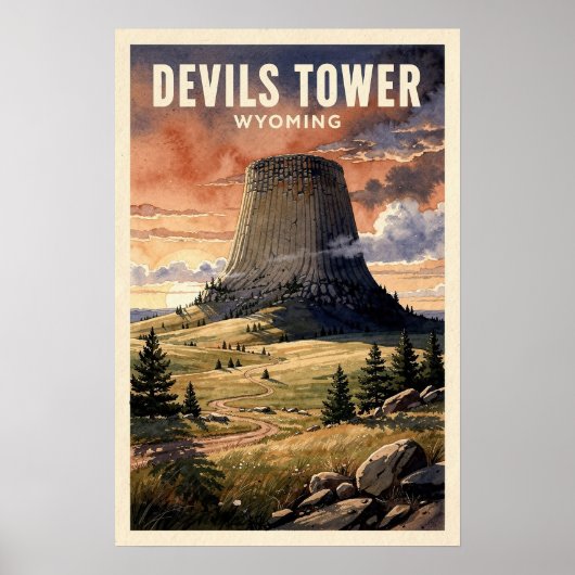 Devils Tower Wyoming Reisposter in Vintage Stijl Poster (Voorkant)
